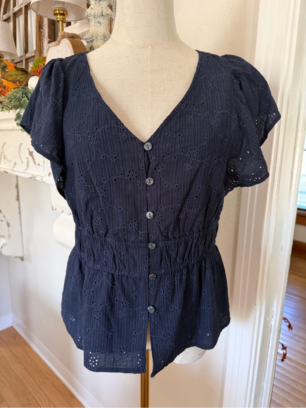 Time and Tru Navy Eyelet Button-Front Blouse